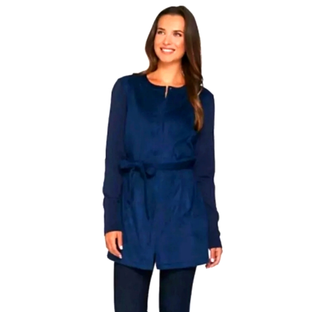 H By Halston Jacket Blue Faux Suede Size 14 (L) Blazer Sweater Tie Belt
